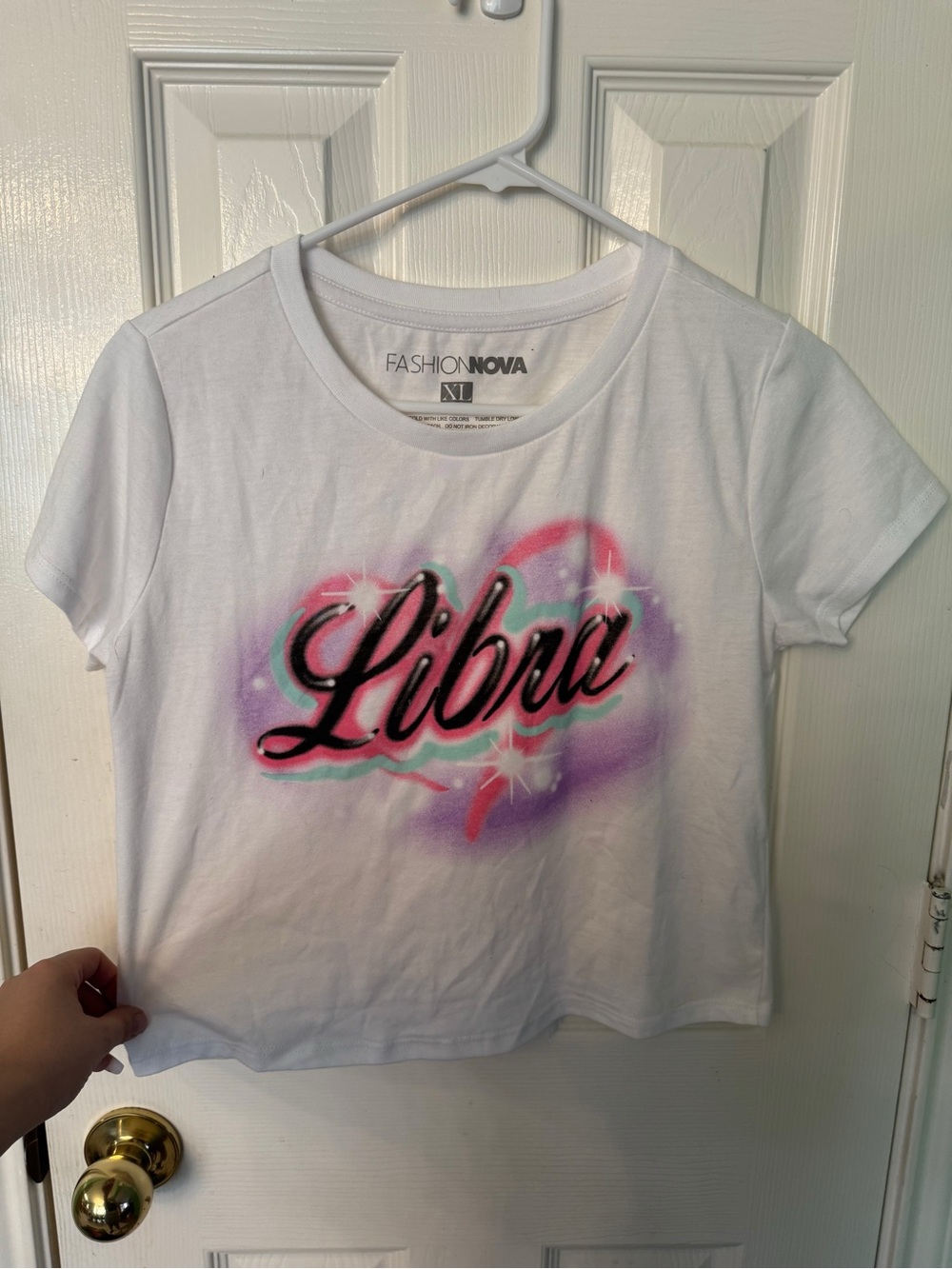 Fashion Nova White Tee with Pink & Purple Libra Airbrush Graphic